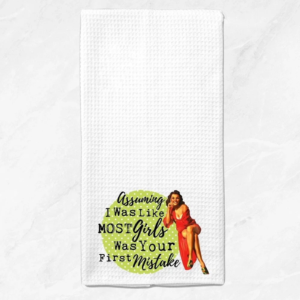 Retro Pinup Girl Waffle Weave Kitchen Towel Sassy Sarcastic Quote White 16x24